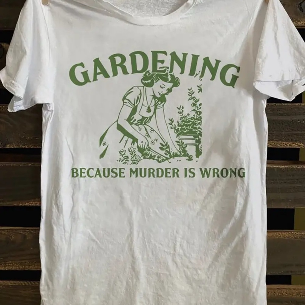 Gardening Green Lettering White Cotton Tee Shirt Unisex Size M